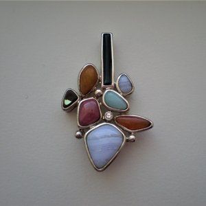 Vintage Designer Sterling Silver Multi Gem Agate Diamond Jade Modernist Pendant